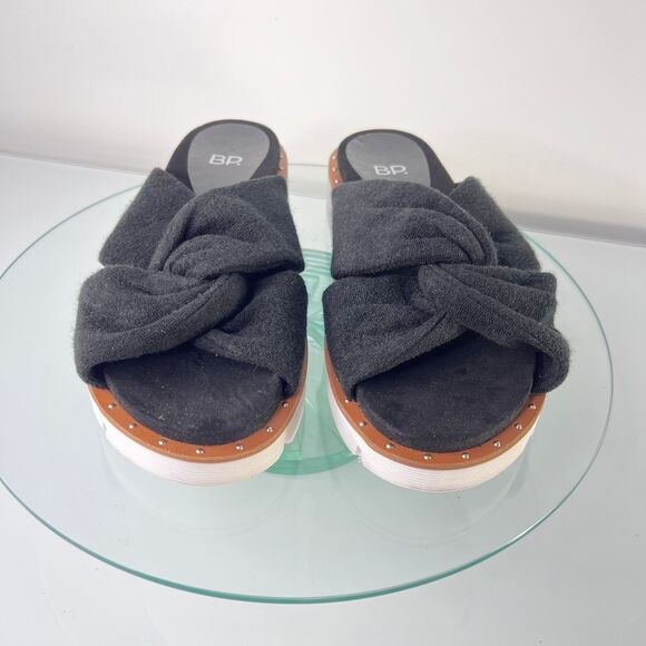 BP Criss Cross Slide Sandals Black Felt Fabric Platform - Picture 2 of 5